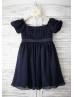 Navy Blue Chiffon Puff Sleeves Knee Length Flower Girl Dress